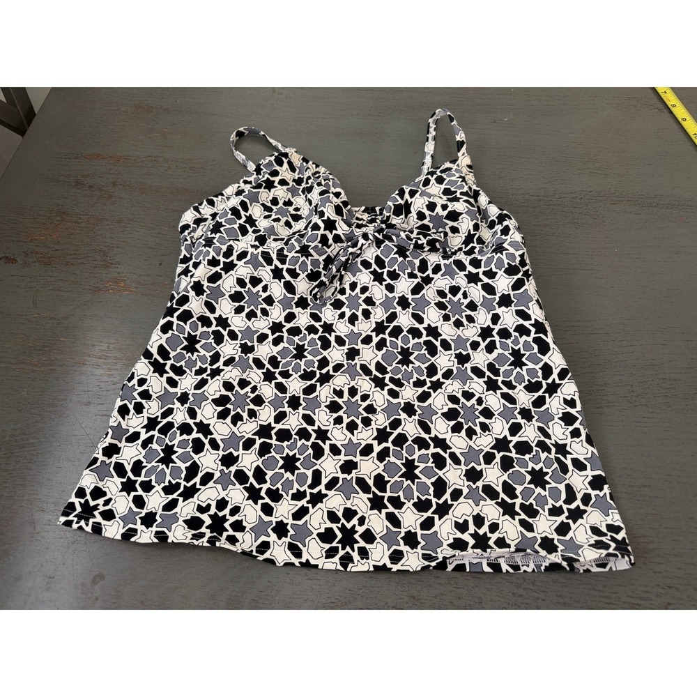 Lands End Womens Geometric Star Print Underwire Tankini Swim Top Black White 10